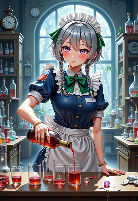 A masterpiece, ultrarealistic, natural colours of morning light, photorealistic scene, intricate interior of a laboratory, rich in detail, chemistry equipment in the background, a clock, flat chest, lean, small-breasted, tiny tits, bustless, unbuxom, nothing clingy, no make-up, without make-up,
flat chested scientist Izayoi Sakuya with intelligent concentrated face with no make-up squinting her eyes is leaning over table, holds a wine bottle and pours wine into a row of steaming test tubes lined on the table without paying any attention to the viewer, slender, short silver hair, twin braids, green bows, green bowtie, loose blue maid uniform, mid dress, maid headdress, detached collar, white apron, pocket watch, 
<lora:Hand v2:1.1> Detailed hand, Hand, Perfect hand, 
<lora:best_of_flux_v30_rank64_bf16-step01750:1> best_of,