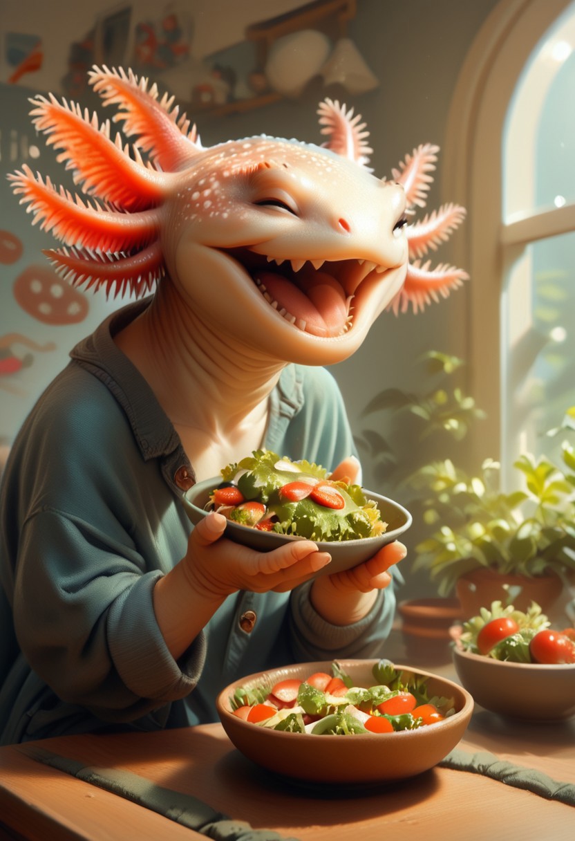 score_9, score_8_up, score_7_up, source_furry, 1other, solo, BREAK Axolotl, eating salad, laughing