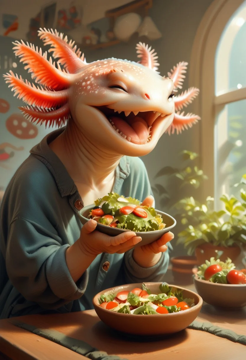 score_9, score_8_up, score_7_up, source_furry, 1other, solo, BREAK Axolotl, eating salad, laughing