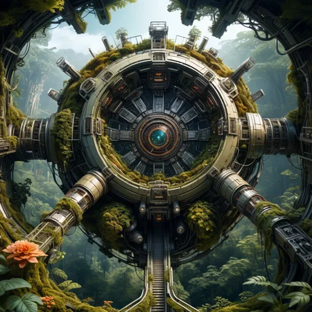 Biomorphic stunning abondend space station ruin in forest biomechanical interface maximalist perfect illustration, digital painting art, scifi, futuristic, utopian, machine parts, body parts, wires, circuits, highly detailed, floral, octane render, cinematic, aerial look from above, hauntingly surreal, highly detailed and intricate, rich deep colors, intricate artwork masterpiece, ominous, matte painting movie poster, golden ratio, intricate, epic, artistic masterwork by head of prompt engineering <lora:xl_more_art-full_v1:0.5> <lora:add-detail-xl:2>