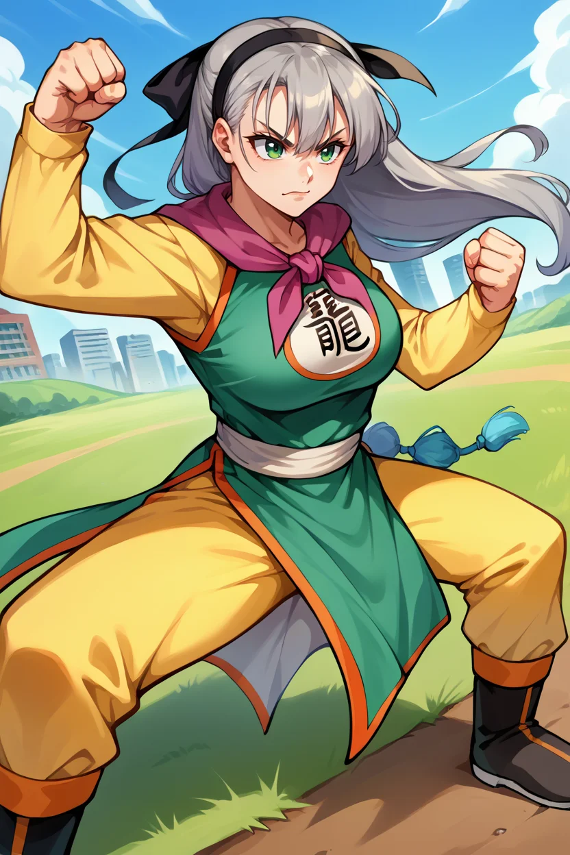 score_9, score_8_up, score_7_up, score_6_up, source_anime, BREAK 1girl, solo, <lora:dq3fighter-pdxl-nvwls-v1-000006:1> neckerchief, chinese clothes, green dress, yellow sleeves, long sleeves, yellow pants, boots <lora:elie-pdxl-nvwls-v1:0.8> zeroElie, black hairband, hair ribbon, long hair, grey hair, green eyes, fighting stance, clenched hands, smirk, field, city, big breasts