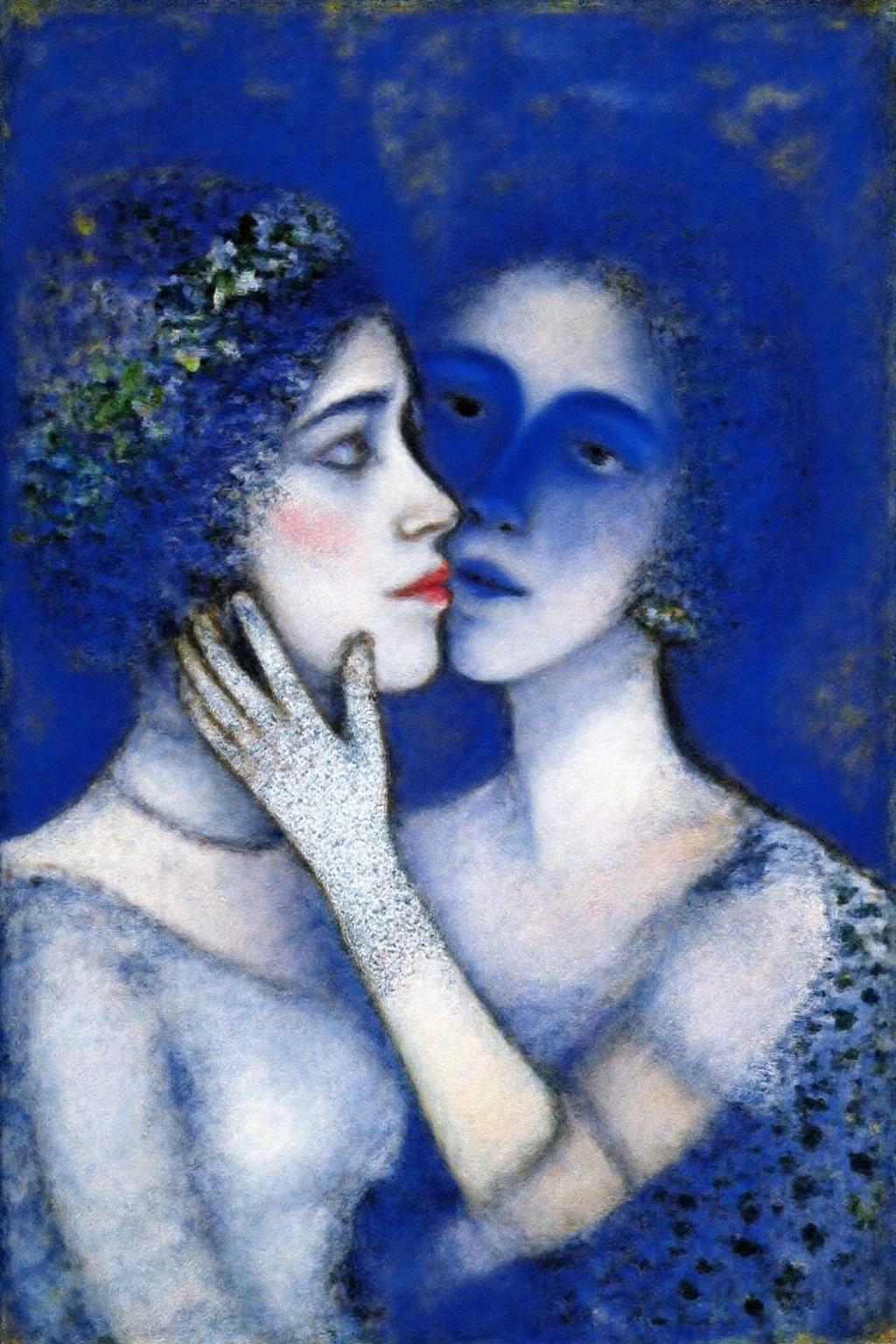 marcha9 painting 
The artwork is an abstract expressionist piece, characterized by bold, expressive brushstrokes and a vibrant color palette. The scene depicts two women, in a tender, intimate moment. The woman, on the left, has a delicate, ethereal quality. She wears a white, lacy glove on her right hand, which gently touches the face of the other woman. Her hair is styled in a curly, vintage manner, adorned with a leafy wreath or headdress, painted in deep blue and green hues. <lora:marcha2_cap_d6a3e15:1.0><lora:814270566325506129:0>