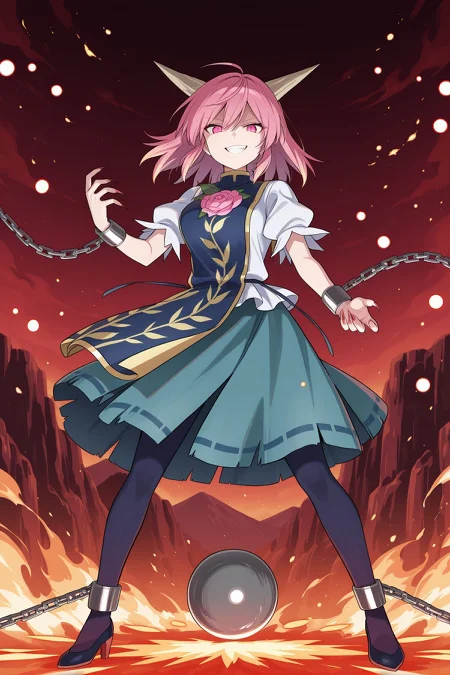 absurdres, highres, masterpiece, best quality, amazing quality, official anime artwork, screencap, anime screencap, looking at viewer, evil smile, dynamic pose, standing,
<lora:Ibaraki-Doujis-Arm_Illustrious:1> ibaraki douji's arm, 1girl, solo, pink eyes, pink hair, medium hair, horns, medium breasts,, blue tabard, white shirt, puffy short sleeves, aqua skirt, ribbon-trimmed skirt, blue pantyhose, high heels, cuffs, ball and chain restraint, long fingernails, sharp fingernails,
red theme, skulls, (danmaku:1.3), light particles, hell, fire, fighting stance, mountains,