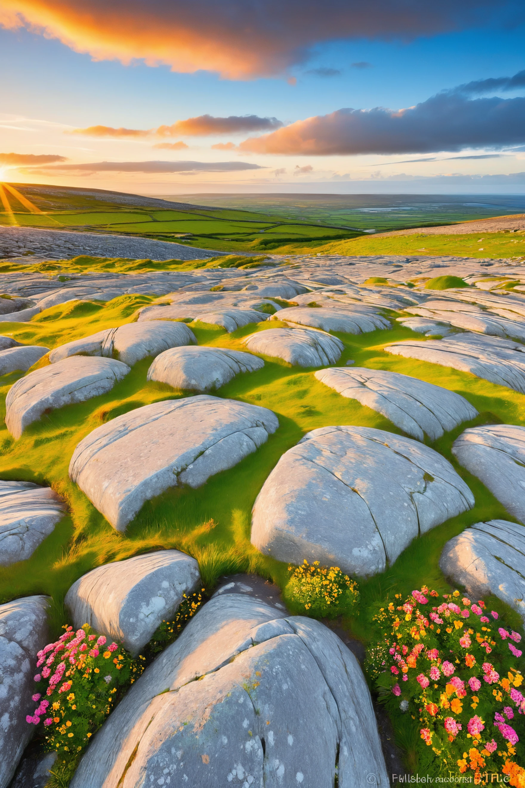 colorful fractal <lora:colorful_04_colorful_fractal:0.8>,
The lush, green expanse of the Burren in bloom, with its unique limestone pavements dotted with rare flowers, under the warm, vibrant light of a summer sunset.,
amazing, beautiful, breathtaking, astonishing, brilliant,