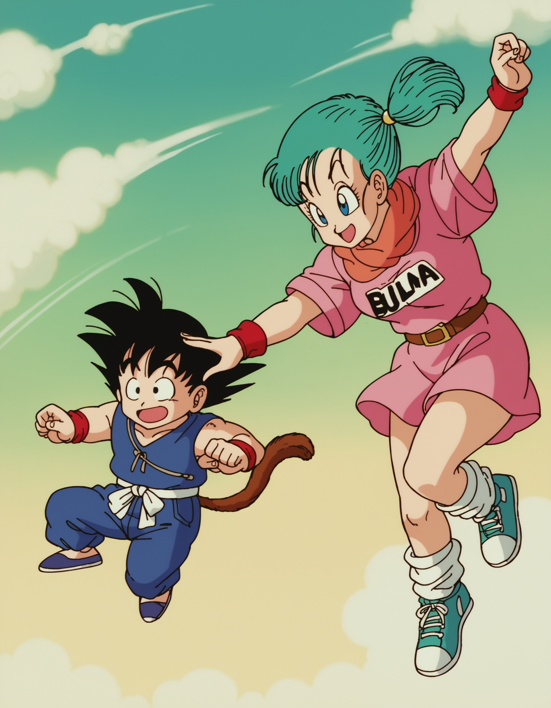 zPDXL, score_9, score_8_up, score_7_up, source_anime, 8k, absurdres, 1980s \(style\), retro artstyle, anime coloring, 
1girl, <lora:EarlyAkirav1-1:0.8> drgbls1, son goku, black hair, black eyes, bulma, blue hair, blue eyes, multiple characters, 1boy, outdoors, jumping, dynamic pose, happy, smiling, pink dress, belt, scarf, loose socks, sneakers,