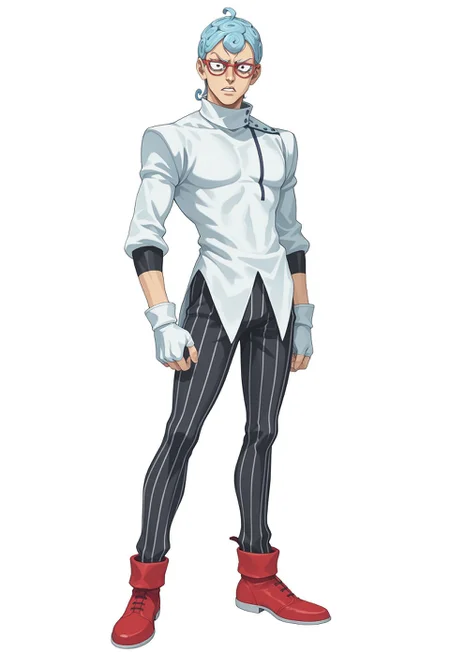 anime screencap, anime, masterpiece, best quality, detailed background, 8k, 1boy, solo, Ghiaccio, light blue hair, short hair, curly hair, black eyes, red glasses, shirt collar, white shirt, long-sleeved shirt, fingerless gloves, white gloves, black pants, pinstripe pants, red shoes, standing, white background, calm, full body, staring at viewer, no pose,