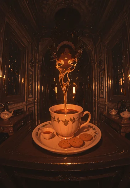 1girl, jacket girl (dipp), maid outfit, slender figure, evil shadow, tall boy behind maid, approaching behind, horror \(theme\), tray of delicate fine china, porcelain cup, warm tea, steaming liquid, a touch of honey and a sprig of mint in tea, assorted biscuits set neatly, fancy cake stand, chamomile tea and biscuits, tray is on a small table, corridor, atmosphere of warmth, winter cold outside beyond the window
BREAK
warm tone, soft shadows, vivid, perspective, masterpiece, very aesthetic, absurdres, best quality, amazing quality, intricate detail, highly detailed, newest, highres, 8K, HDR, best quality, absurdres, high quality, dynamic composition, vibrant colors, foreshortening, glamour shot, artist:moriimee