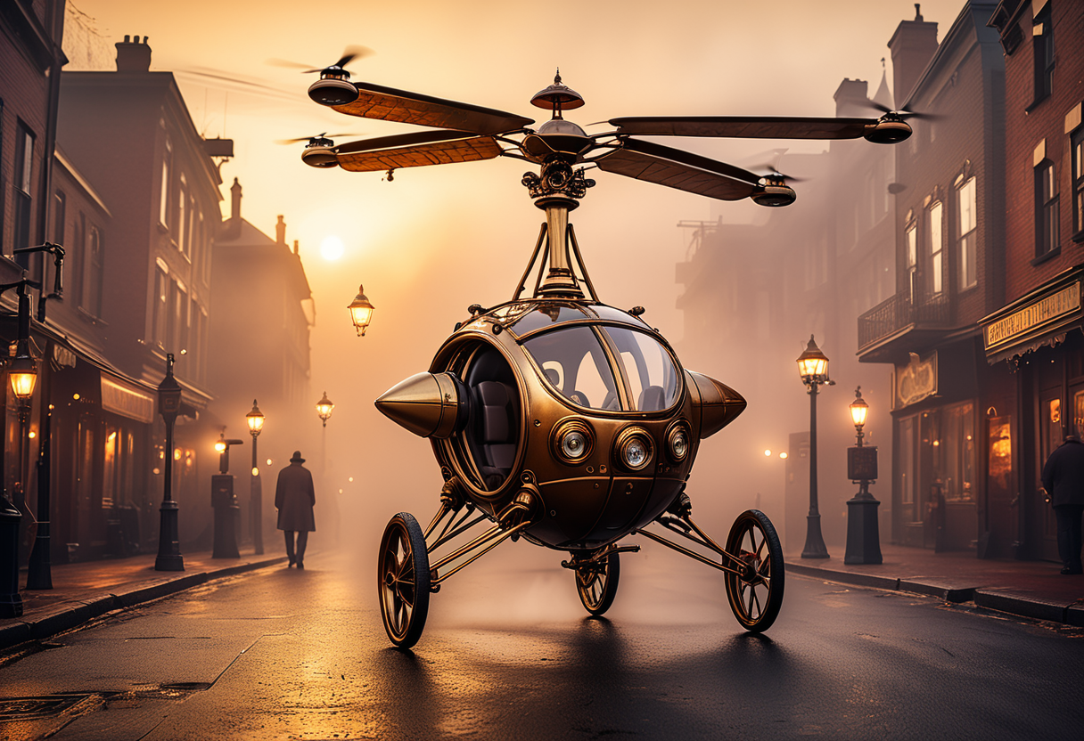 award winning, (professional photo) of (whimsical small brass steampunk gyrocopter) with iron body,  leather padding, the aircraft is flying over  a foggy steampunk city, where gas lamps light the streets, and the air is thick with the hiss of steam and the clank of metal, at sunset, , creative, beautiful, vibrant, masterpiece, 64k, UHD, HDR, full view, atmospheric lighting, extremely detailed