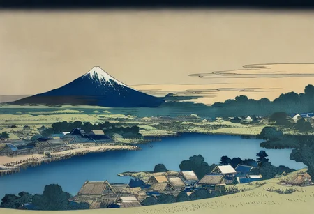 panoramic scenery, village, river, wooden bridge, mount fuji, people, (best quality), woodcuts, highly detailed, KHsty-XL<lora:KHsty-XL-v3-AN:0.9>