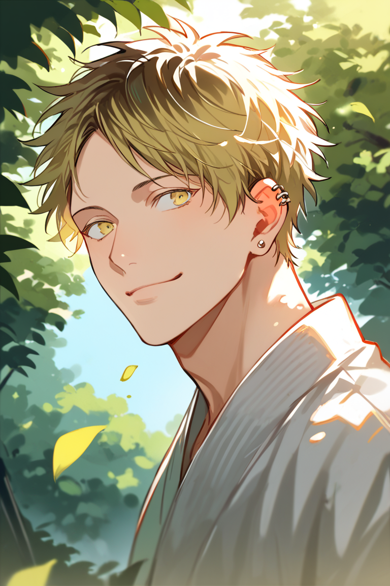 score_9, score_8_up, score_7_up, source_anime, rating_questionable, realistic shading, natural lighting, 2ndmale focus, looking away, expressive cute face, hiiragigiven, brown-blonde_hiiragi_2ndmale hair, yellow eyes, grey_Hiiragi_ear piercing, 2ndboy, closed mouth, smiling, shiny skin, medium shot, day outdoors, scenery, from side, foreshortening, dutch angle, dynamic angle, intricately detailed illustration, depth of field