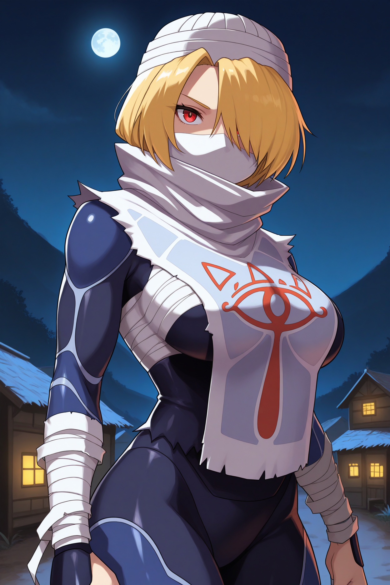 masterpiece, best quality, 1girl, solo,  <lora:sheik-illu-nvwls-v1-000006:1> ootshk, blonde hair, hair over one eye, red eyes, turban, white mask, ninja mask, bandages, bandaged arms, tabard, dark blue bodysuit, looking at viewer, serious, night, village, moon, large breasts