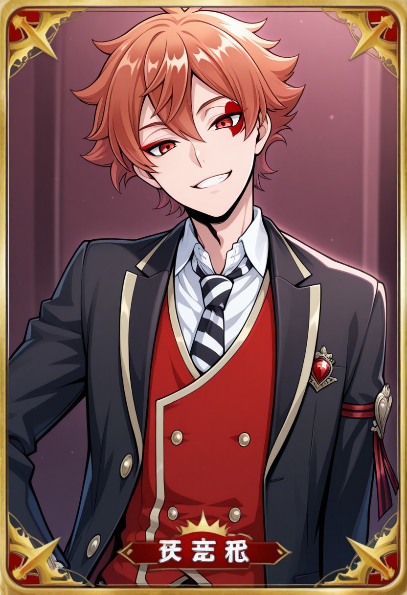 masterpiece,best quality,amazing quality, source_anime, card (medium),
acetrappola, 1boy, male focus, solo, red eyes, orange hair, facial tattoo, heart tattoo, school uniform, shirt, white shirt, collared shirt, necktie, striped necktie, black and white necktie, vest, red vest, jacket, blazer, black jacket, open jacket, smile,