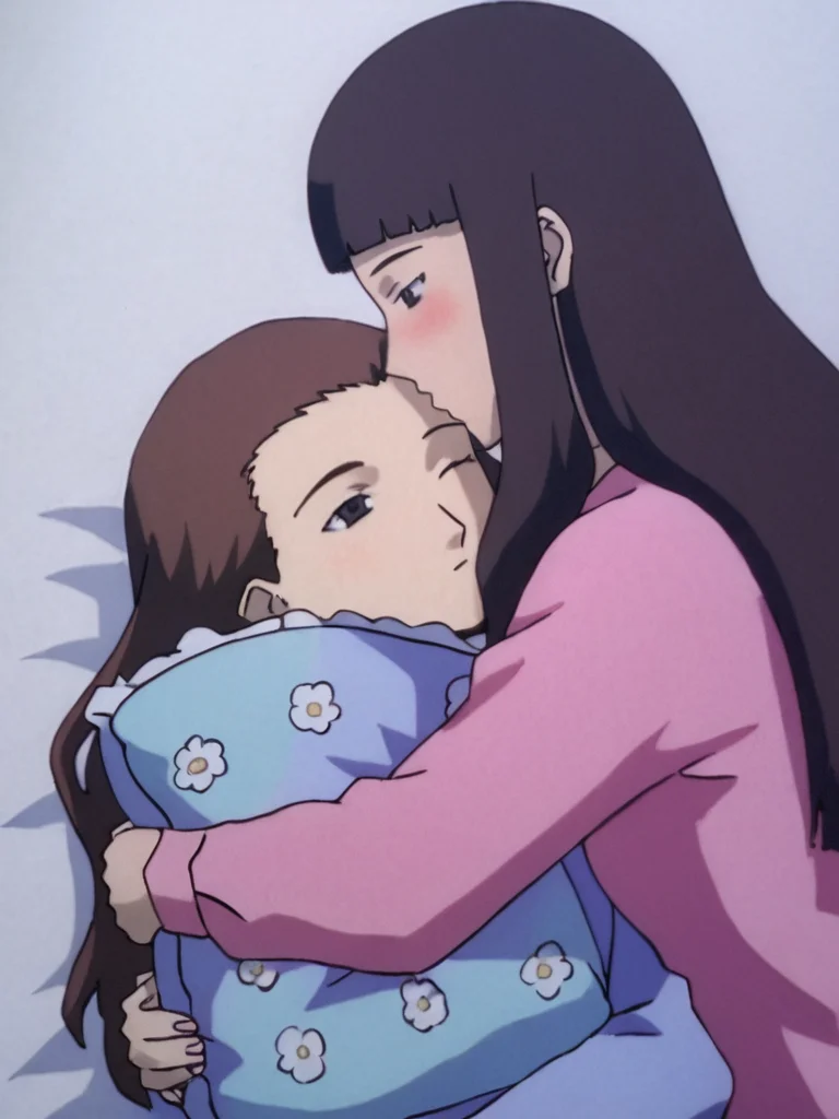 woman, 20 y/o, 20 year old, 20 year old woman, adult, score_9, BREAK masterpiece, high quality, white background <lora:Reika-Juri_PDXLv0-e85:0.75> 2girls, bed sheet, yuri, BREAK kato juri, blue pajamas, hair down, long hair, pillow hug, BREAK yamamoto reika, pink pajamas, kissing forehead