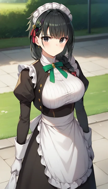 score_9,score_8_up,score_7_up,score_6_up BREAK official art,solo,outdoors,cowboy shot,looking at viewer,facing viewer,frown,blush,expressionless,Yuki,maid headdress,long hair,black hair,hair ornament,hair ribbon,red ribbon,single braid,hair over shoulder,earrings,bangs,black eyes,neck ribbon,green ribbon,green bowtie,black jacket,cropped jacket,turtleneck,white shirt,long sleeves,puffy sleeves,juliet sleeves,white gloves,large breasts,maid apron,white apron,frilled apron,waist apron,lace-up boots,white footwear,<lora:Yuki(yams)-Pony:1.2>,