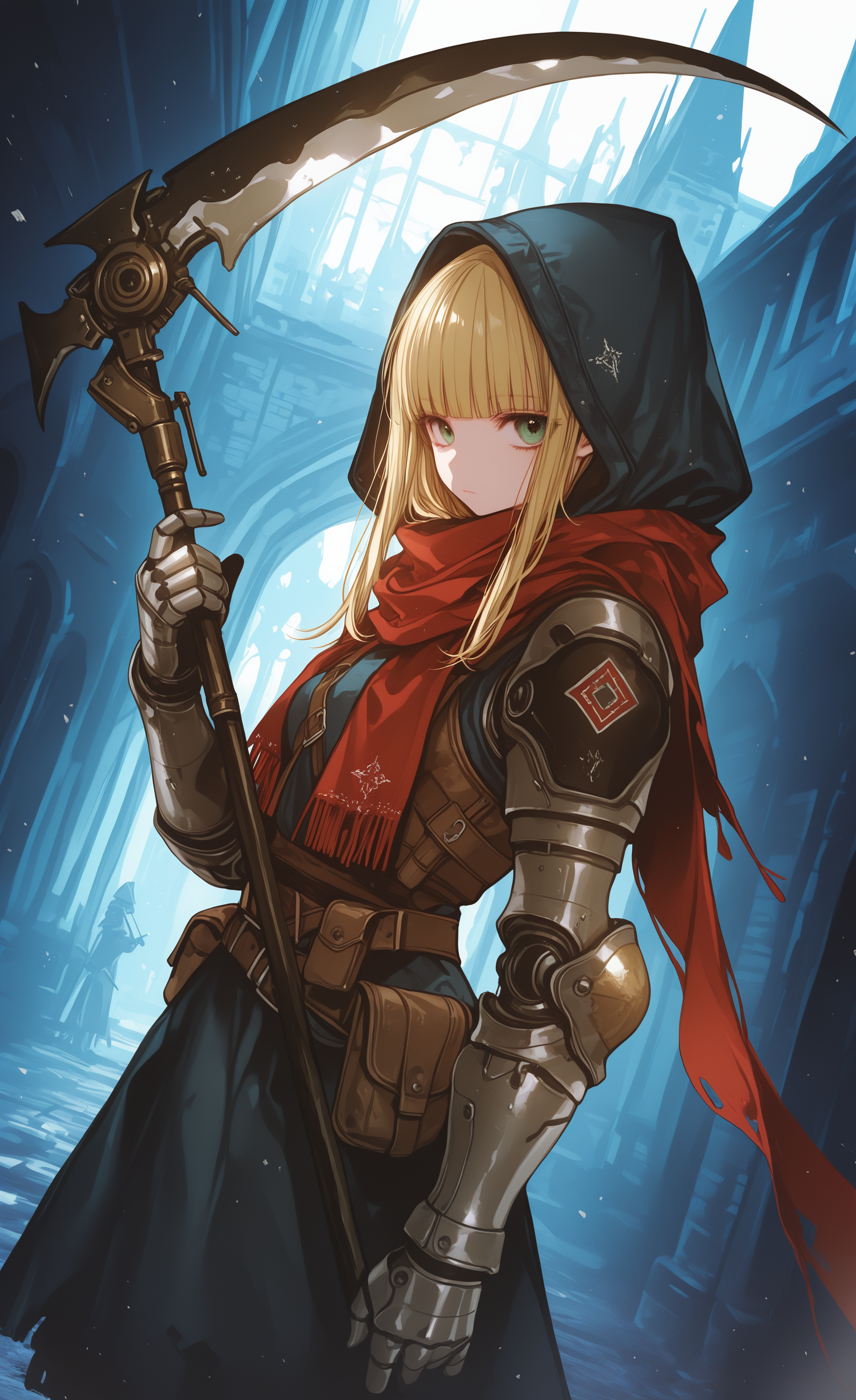 masterpiece, best quality, good quality, newest, highres, absurdres, 1girl, solo, looking at viewer, blonde hair, holding, closed mouth, standing, green eyes, weapon, hood, blunt bangs, holding weapon, scarf, from side, expressionless, Robotic arms, gauntlets, hood up, pouch, red scarf, scythe, belt pouch, holding scythe,
detailed environment,Medieval buildings,
dynamic angle, spanning time and space, 0010011_illu,
tanemura arina, <lora:illustriousXL_stabilizer_v1.23:0.3> <lora:NOOB_vp1_detailer_by_volnovik_v1:0.3> <lora:ponyv6_noobE11_2_adamW-000017:0.3> <lora:USNR_STYLE_XL_lokr:0.45> <lora:0010011_style-blurry:0.6> <lora:TanemuraArinaIllustriousV1:0.8>