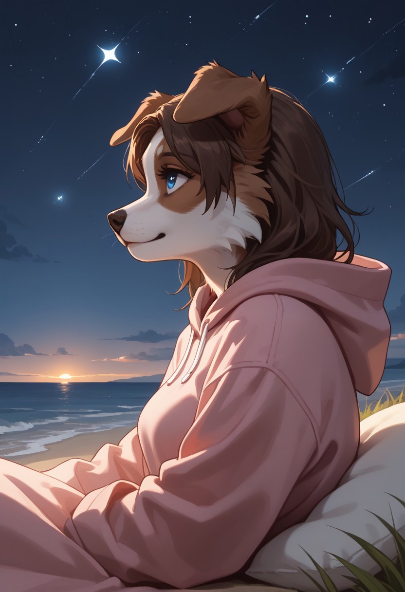 safe_pos, score_9, score_8_up, score_7_up, easynegative, anime style, 1girl, anthro border collie girl, long dark brown hair, blue eyes, light brown fur, floppy ears, medium breasts, white belly fur, pink hoodie, sitting on a blanket, by the beach, at night, from side, from behind, looking at scenery, faint smile, tall grass around, on a hill, windy, stars, dark sky, dim lighting, moonlit, looking up, close up, seen from the chest up,