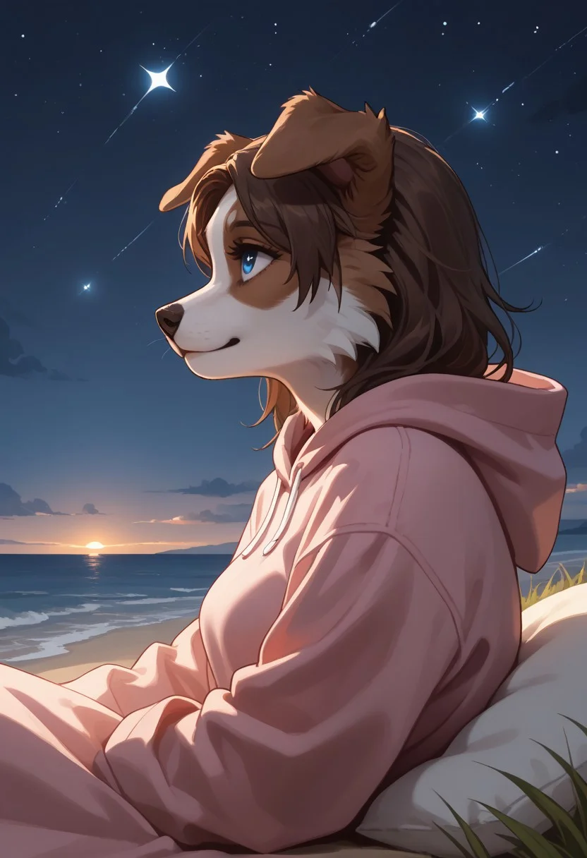 safe_pos, score_9, score_8_up, score_7_up, easynegative, anime style, 1girl, anthro border collie girl, long dark brown hair, blue eyes, light brown fur, floppy ears, medium breasts, white belly fur, pink hoodie, sitting on a blanket, by the beach, at night, from side, from behind, looking at scenery, faint smile, tall grass around, on a hill, windy, stars, dark sky, dim lighting, moonlit, looking up, close up, seen from the chest up,