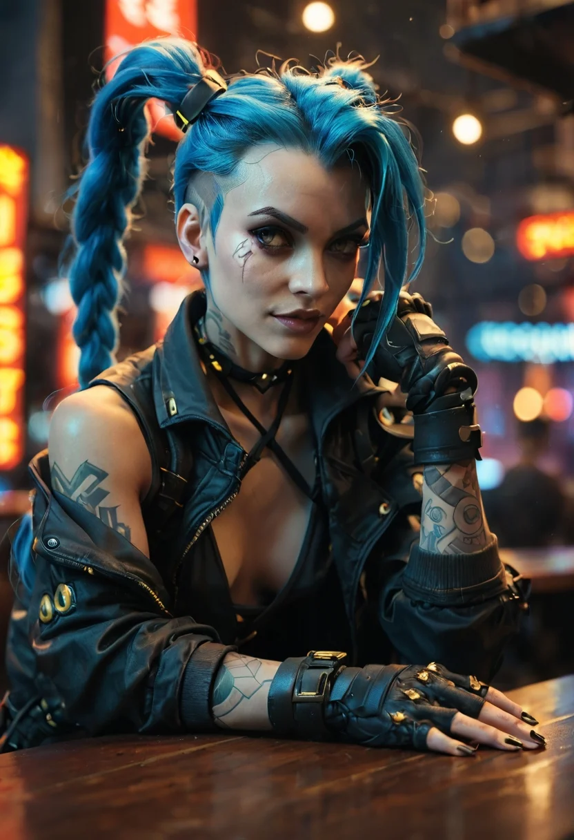Jinx from League of Legends, on table, she stands side
inside cyberpunk pub, neons lights,
cinematic, bokeh, depth of field, dutch angle,,, .score_9, score_8_up, score_7_up,score_6_up, rating_safe