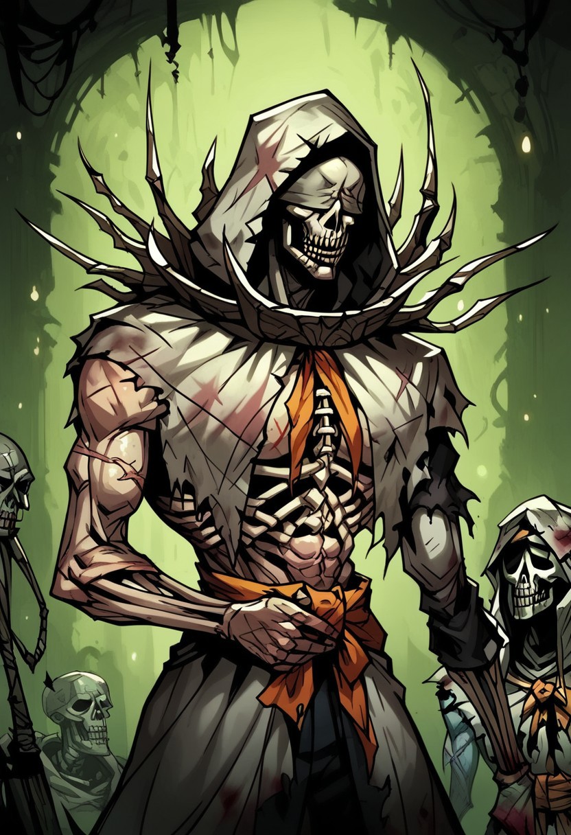 score_9, score_8_up, score_7_up, BREAK, 1boy cowboy-shot, beautiful, dramatic lights (Flagellant. FlagellantDD. Flagellantdarkest, skeleton, zombie, bones, gaunt. visible ribs, undead, hood, hooded, hood on head, skull. eyes covered with hood. scars. ragged. hood covering eyes. covered eyes. hood on eyes. white robe. white clothes. ragged. torn clothes. bloody clothes.  zombie flesh. scars. DDstyle. Darkeststyle. Darkestdungeonstyle. green background. ))