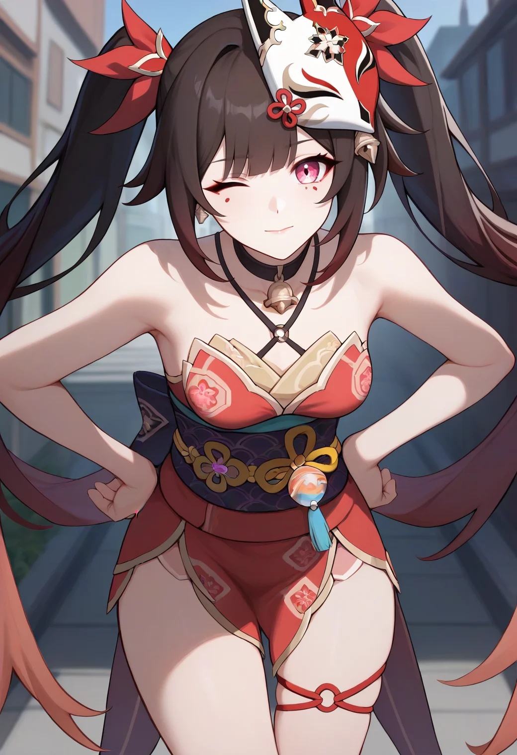 score_9, score_8_up, score_7_up, score_6_up, score_5_up, score_4_up,
sparkle \(honkai: star rail\), twintails, hair tie, asymmetrical sidelocks, red kimono, obi, sash, mask on head, medium breasts, thigh strap, spaghetti strap, hair bell, gradient hair, neck bell,
solo, cowboy shot, outdoors, city, looking at viewer, one eye closed, hands on own hips, :p, leaning forward, 
<lora:sparkleponyxl:1>