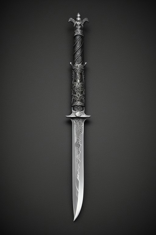 A stunningly realistic and brutal photo of a demonic sword, featuring a long, sleek black metal blade that reflects light.
great sword, knife, blade
The double-edged, full tang blade is sharp and deadly.
The handle, made of black material, showcases intricate demonic patterns and stripes.
A ruby adorns the center, adding a pop of red to the sinister design.
The dagger is depicted alone, with no humans or other objects in the image, allowing the viewer to fully appreciate its menacing beauty.
photo, product