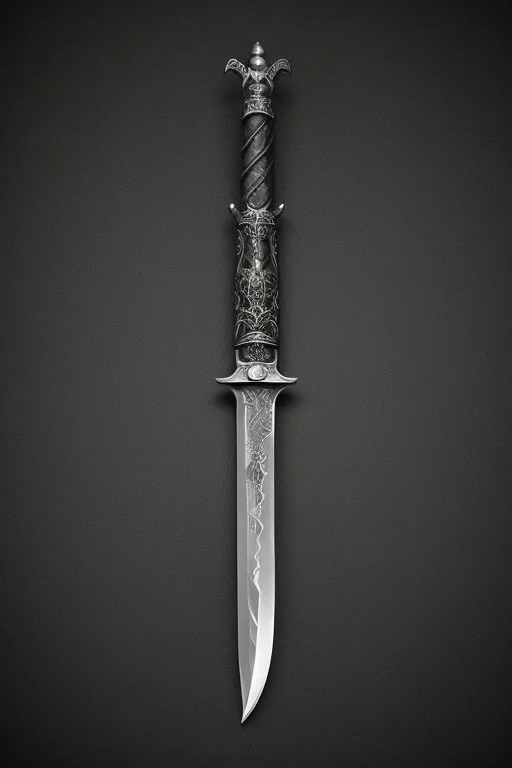 A stunningly realistic and brutal photo of a demonic sword, featuring a long, sleek black metal blade that reflects light.
great sword, knife, blade
The double-edged, full tang blade is sharp and deadly.
The handle, made of black material, showcases intricate demonic patterns and stripes.
A ruby adorns the center, adding a pop of red to the sinister design.
The dagger is depicted alone, with no humans or other objects in the image, allowing the viewer to fully appreciate its menacing beauty.
photo, product