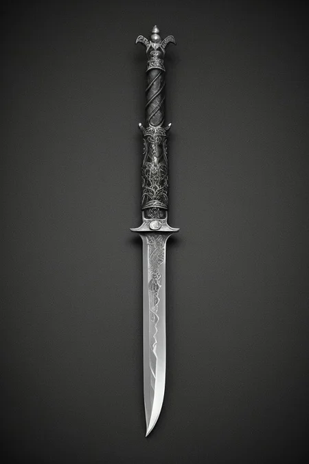 A stunningly realistic and brutal photo of a demonic sword, featuring a long, sleek black metal blade that reflects light.
great sword, knife, blade
The double-edged, full tang blade is sharp and deadly.
The handle, made of black material, showcases intricate demonic patterns and stripes.
A ruby adorns the center, adding a pop of red to the sinister design.
The dagger is depicted alone, with no humans or other objects in the image, allowing the viewer to fully appreciate its menacing beauty.
photo, product