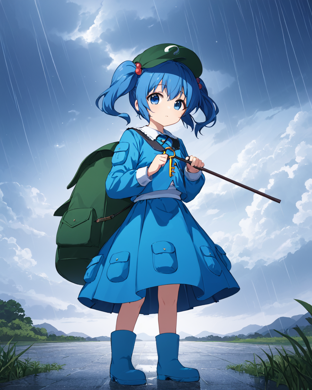 kawashiro nitori,1girl, solo, rubber_boots, rain, long_sleeves, backpack, looking_at_viewer, holding_umbrella, full_body, hat, pocket, blue_skirt, standing, blue_shirt, outdoors, two_side_up, cloudy_sky, black_footwear, headwear_removed, twintails
<lora:kawashiro_nitori_image4714_2023-12-17:1>,star-shaped_pupils,symbol-shaped_pupils,. gorgeous,key visual, vibrant, studio anime,award-winning, professional, highly detailed,high budget, cinemascope