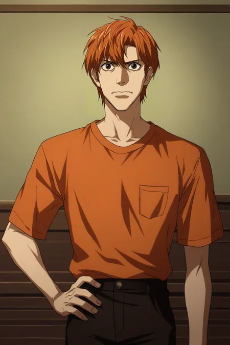 zPDXL, score_9, score_8_up, score_7_up, rating_safe, intricate details, , , 1boy, male focus, dark brown eyes, orange hair, drop fade,, solo, asymmetrical, disneyland, indoors, light, hand on hip, wavy mouth, <lora:death_note_style_pony:0.88>, death_note_style, , <lora:sdxl_lightning_8step_lora:1>
