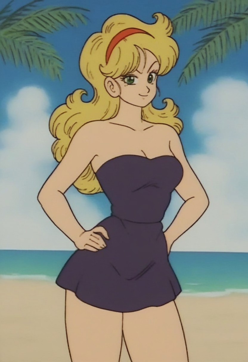 score_9, score_8_up, score_7_up, score_6_up, score_5_up, score_4_up, 1 girl, launch bad, blonde hair, long hair, curly hair, green eyes, collarbone, smile, looking at viewers, a strapless black tube dress, thighs, hands on hip, being sexy, standing up straight, medium breast, at a beach, sunlight through palm trees, dragonballartstyle, drgbls1, style of akira toriyama, <lora:Akira_Toriyama_style_1_2_R:1.0>, 1990s style, retro artstyle, anime coloring, traditional media, cel shading, hyperdetailed, 4k, 8k, masterpiece,