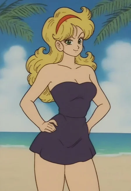 score_9, score_8_up, score_7_up, score_6_up, score_5_up, score_4_up, 1 girl, launch bad, blonde hair, long hair, curly hair, green eyes, collarbone, smile, looking at viewers, a strapless black tube dress, thighs, hands on hip, being sexy, standing up straight, medium breast, at a beach, sunlight through palm trees, dragonballartstyle, drgbls1, style of akira toriyama, <lora:Akira_Toriyama_style_1_2_R:1.0>, 1990s style, retro artstyle, anime coloring, traditional media, cel shading, hyperdetailed, 4k, 8k, masterpiece,