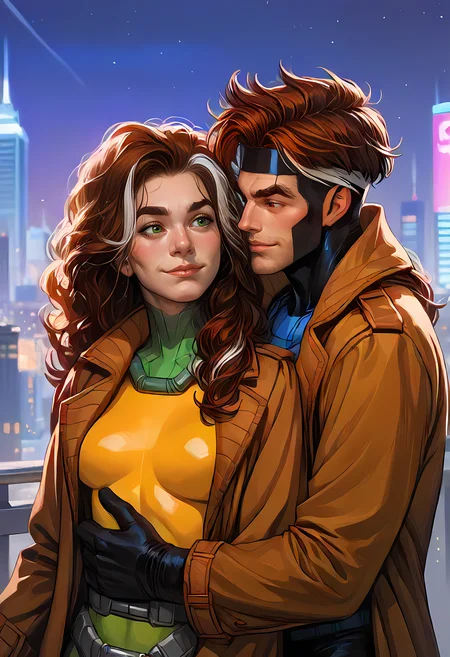 Gambit and Rogue from X Men, hugging each other, cute scene, romance ambience, night
 Rogue, 1girl, classicrogue, long hair, green eyes, brown jacket, big hair, multicolored hair, brown hair with white highlights in the front, parted lips, open clothes, belt, two-tone hair, bodysuit, skin tight, (multicolored clothes), dyed bangs, multicolored bodysuit, green bodysuit, yellow bodysuit, smiling, cityscape,
 Gambit, Dsk_Remy_Lebeau, 1boy, auburn hair, black sclera, bodysuit, closed mouth, coat, colored sclera, facial hair, stubble, headband, muscular, open clothes, open coat, (red eyes), thick eyebrows, trench coat, upper body
 score_9, score_8_up, score_7_up, score_6_up, score_5_up, score_4_up,
<rogue_(x-men):1> classicrogue
<lora:Gambit_X-men_97__Comics_PDXL:1>
 <lora:incase-ilff-v3-4:0.8>