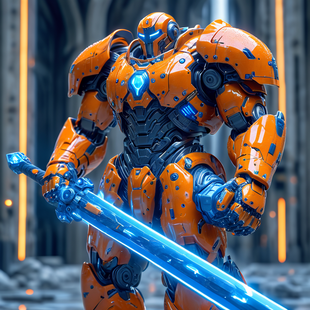 Close up shot of a futurisitc orange robot, wearing tech armor and robotic wins, holding blue glowing sword infront of him, standing up, futuristic spacestation in background, HKStyle, HD, masterpiece, best quality, hyper detailed, ultra detailed, super realistic