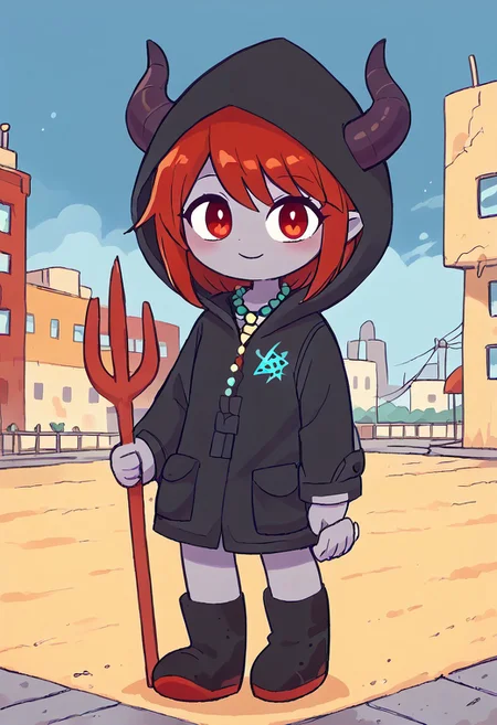 score_9, score_8_up, score_7_up, BREAK
highres, highly detailed, high resolution, high quality, 
source_anime, anime screencap, saturation, vivid colors, 
1girl, solo, luce, full body, standing, demon girl,
(dark red hair:1.2), (big dark red eyes:1.1), medium hair, cute, (grey skin:1.1), (horns:1.2), 
(black raincoat:1.1), hood, black rubber boots, 
pentagram necklace, holding one red trident, (red trident:1.2)
stkyswt,
In the style of TOK,
DSP, artist:DSP, mogeko,
pikaole,
blurry background, bokeh, city ruins background, street, dust, 
(outlines:1.2),