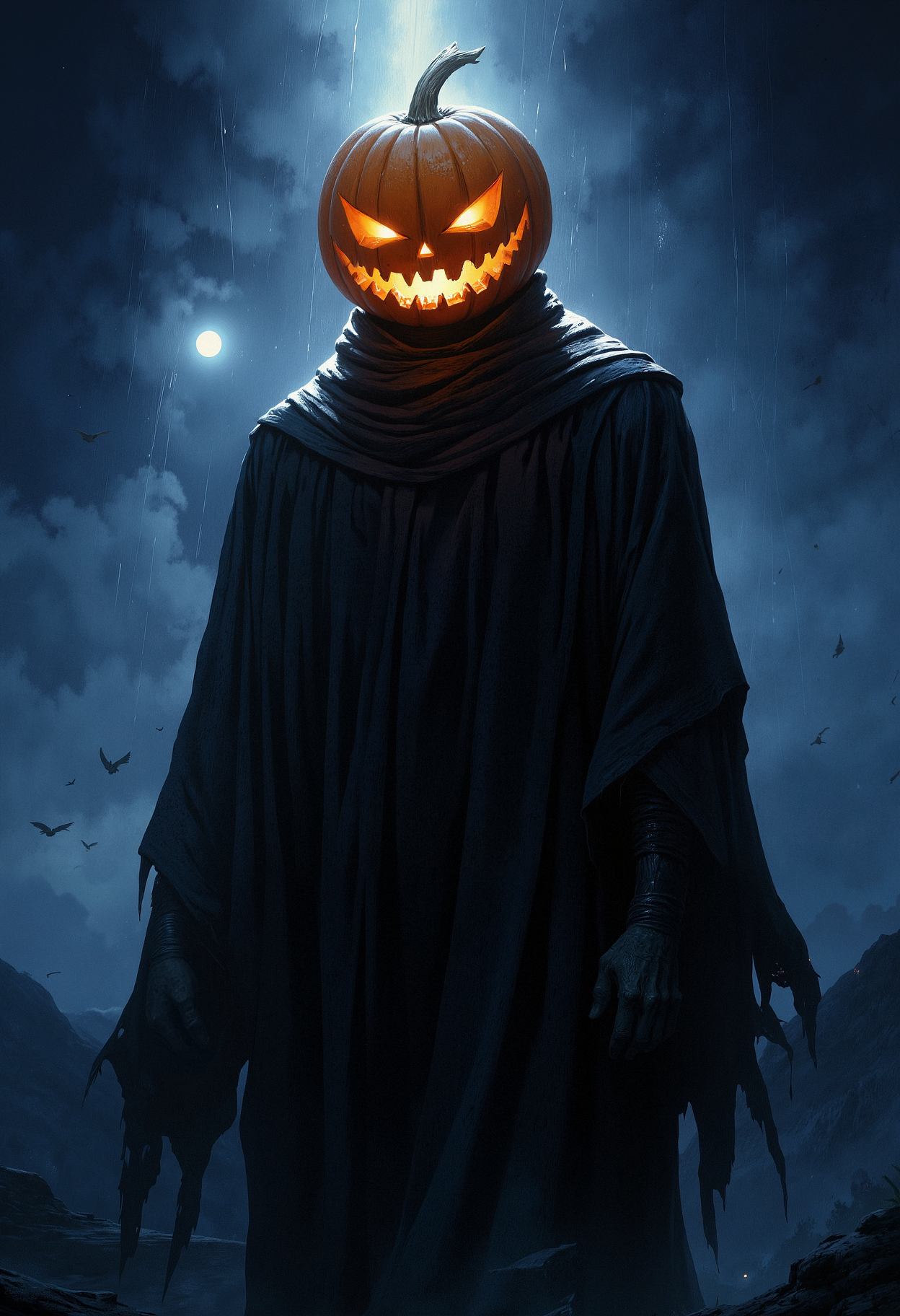 A tall, shadowy figure with a glowing pumpkin for a head. The pumpkin has an eerie, jagged grin with glowing orange light emanating from its eyes and mouth. The figure is dressed in a flowing dark cloak, the fabric obscuring the body entirely. The scene is set at night, with a small, bright moon in the distance casting pale light. Rays of light shine through the top of the pumpkin, enhancing its glow. The figure is slightly turned, showing only the upper body from a low-angle perspective. The atmosphere is dark and mysterious, with a deep blue night sky and some faint clouds drifting by.   <lora:FluxMythP0rtr4itStyle:0.8> MythP0rt, <lora:aidmaMJ6.1-FLUX-V0.2:0.6> aidmaMJ6.1, <lora:sxz-Dark-Fantasy-v2-Flux:0.66> drkfnts style,