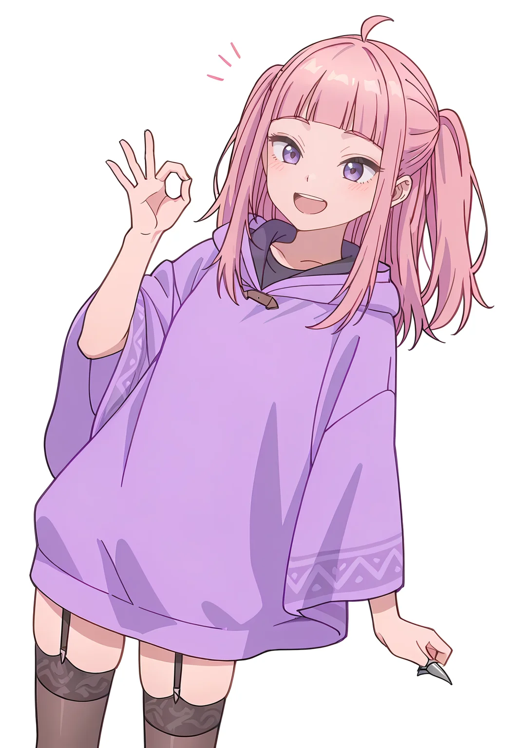 Smooth Quality,masterpiece,beautiful aesthetic, very intricate, high quality details, ultra realistic, high detailed skin,
simple background, white background,
dynamic angle,ok sign ,=^=,
garter straps, ,poncho,  ,Claw ring, <lora:Fuyuki_Momokocnn:0.8> momoko/cnn, pink hair, 1girl, ahoge, purple eyes,petite,