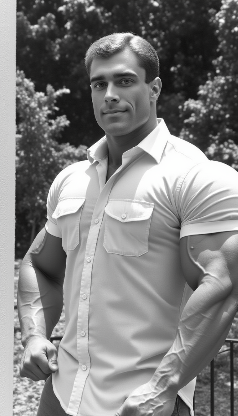 This black-and-white photograph features a  youngish (18-25) masculine @wssngr1 male muscular man standing outdoors in a park-like setting. The man, positioned slightly to the right of center, has a well-defined, extremely muscular physique with bulging biceps and a broad chest. He is wearing white short sleave shirt with pockets that accentuates his muscular build, and his short, dark hair is neatly combed back. His expression is confident and slightly serious.
In the background, lush green foliage with leaves and trees can be seen, suggesting a park or garden setting. The lighting is natural, likely from the sun, casting soft shadows that enhance the texture of his skin and the definition of his muscles. To the left of the man, there is a white, textured surface, possibly a wall or part of a building, adding a contrasting element to the image.
The photograph is signed in the bottom left corner with the initials "CHROME188." The overall style is classic, with a focus on the man's physique and the natural environment. The image is high-contrast, emphasizing the details of the man's body and the textures of the foliage. The composition is slightly tilted, giving a dynamic and engaging feel to the photograph.
<lora:@brtlmss1.v4.style.solo.flux1d_epoch_1:0.6><lora:JohnWessinger.v1.char.@wssngr1.flux1d_epoch_3:0.9>