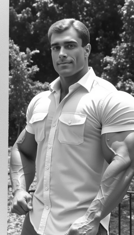 This black-and-white photograph features a  youngish (18-25) masculine @wssngr1 male muscular man standing outdoors in a park-like setting. The man, positioned slightly to the right of center, has a well-defined, extremely muscular physique with bulging biceps and a broad chest. He is wearing white short sleave shirt with pockets that accentuates his muscular build, and his short, dark hair is neatly combed back. His expression is confident and slightly serious.
In the background, lush green foliage with leaves and trees can be seen, suggesting a park or garden setting. The lighting is natural, likely from the sun, casting soft shadows that enhance the texture of his skin and the definition of his muscles. To the left of the man, there is a white, textured surface, possibly a wall or part of a building, adding a contrasting element to the image.
The photograph is signed in the bottom left corner with the initials "CHROME188." The overall style is classic, with a focus on the man's physique and the natural environment. The image is high-contrast, emphasizing the details of the man's body and the textures of the foliage. The composition is slightly tilted, giving a dynamic and engaging feel to the photograph.
<lora:@brtlmss1.v4.style.solo.flux1d_epoch_1:0.6><lora:JohnWessinger.v1.char.@wssngr1.flux1d_epoch_3:0.9>