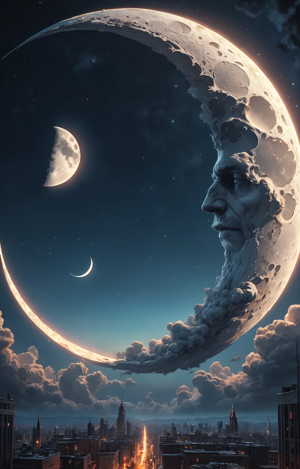photography in the style of detailed hyperrealism ,cinematic composition, dramatic light, painted crescent moon in the sky, expressive,hyper detailed,intricate,poster,artstation<lora:xl_more_art-full_v1:0.3> <lora:add-detail-xl:1>