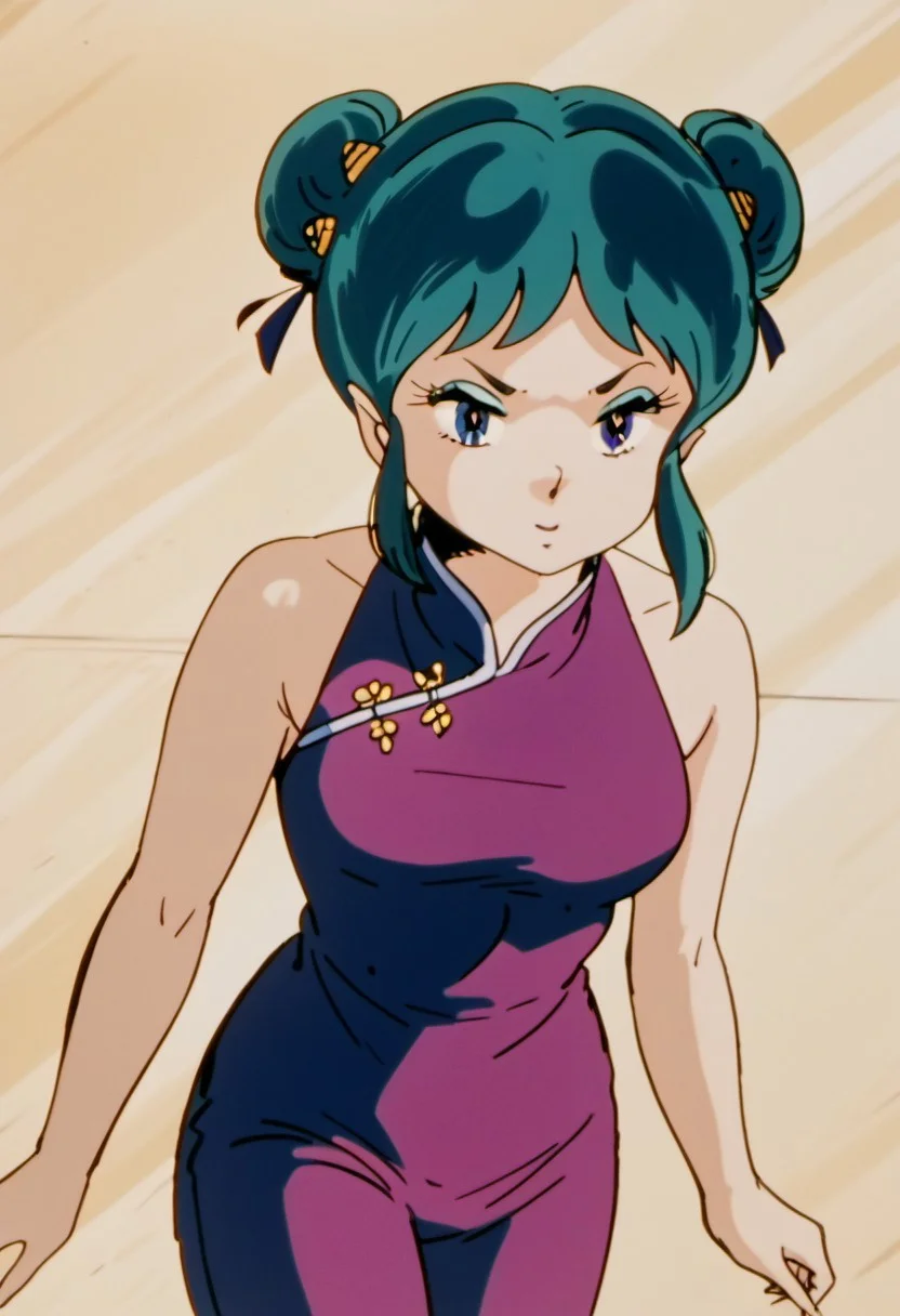 score_10, score_9, score_8_up, 1980's style, (drawn:1.1), (sketch:1.4), (crosshatching:1.25), (comic style:1.1), sharp lines, flat color, ((anime:1.4, illustration)), (absolutely resolution), ((16k, high res)), wallpaper, very detailed, (an extremely delicate and beautiful), (intense colors), (dramatic lighting), ((anime:1.4, illustration)), (absolutely resolution), ((16k, high res)), dark theme, low light, sharp, anime, anime style, score_anime, sharp lines, retro artstyle. anime screencap, lum, long hair, bangs, blue hair, blue eyes, horns, pointy ears, aqua hair, oni horns, eyeshadow, gorgeous girl, kawai girl, cute face, realistic skin texture, perfect anatomy, dynamic angle, detailed background, sexual undertones, sexual composition, pretty eyes, sexy body, narrow waist, wide hips, round ass, narrowed eyes, close up shot, detailed background, big breast, (photorealistic pinup:1.3), chinese clothes, double bun, green hair, hair bun, short hair, lum, sleeveless, china dress, sleeveless dress, alternate hairstyle, purple pants, purple shirt, bangs, pouch, eyelashes, bare shoulders, purple dress, hair ornament, fighting stance, squinted, near store, Expressiveh, 3m0t3, perfect hand, perfection feet, smug,