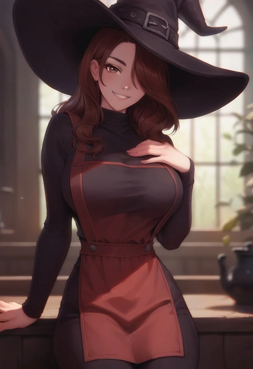 score_9, score_8_up, score_7_up, score_6_up, PRSNL, 1girl, solo, brown hair, brown eyes, parted bangs, long hair, large breasts, witch hat, black sweater, red apron, black pants, looking at you, hand on own chest, smile, indoors, hat over one eye