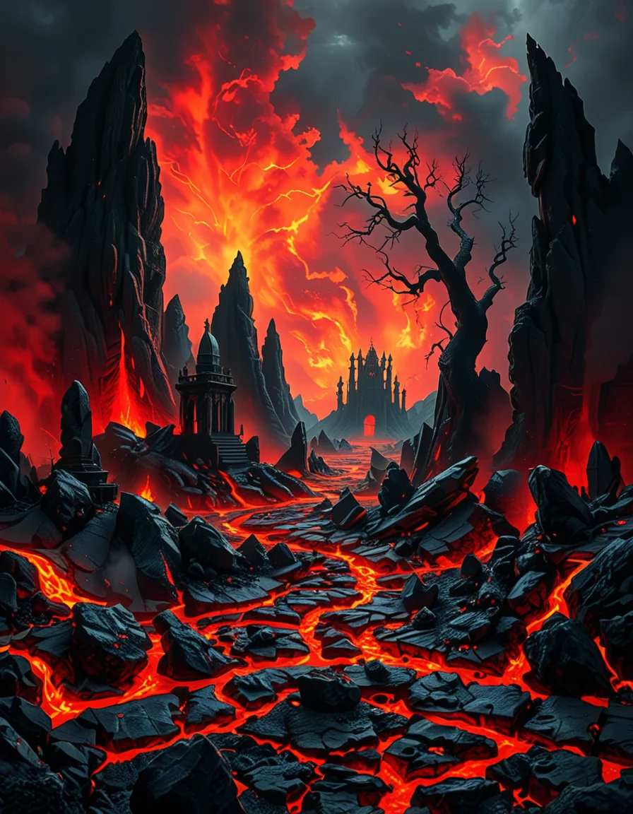 A terrifying and surreal depiction of the depths of Hell. The landscape is vast and nightmarish, filled with jagged obsidian cliffs, rivers of molten lava, and towering spires of blackened rock. The sky is a swirling vortex of crimson and black, illuminated by eerie, flickering flames. Chains dangle from massive, decaying arches, and tormented souls writhe in agony, their ghostly figures stretching toward the burning sky. Demonic creatures with twisted horns and glowing eyes lurk in the shadows, watching hungrily. The ground is cracked and scorched, exhaling thick plumes of sulfuric smoke. In the distance, a colossal, menacing throne made of skulls and bones looms over the infernal landscape, occupied by a shadowy, horned figure. The atmosphere is thick with despair, enhanced by a dramatic, chiaroscuro lighting effect that contrasts the deep shadows with the hellish glow of the flames. Hyper-realistic, highly detailed, dark fantasy style.
<lora:SDXLFaeTastic2400:0.4> <lora:extremely_detailed:0.4> extremely detailed,<lora:depths_of_h3ll:1>,depths of h3ll, Masterpiece,best quality,hi res,8k,hi res,8k,award winning,(sharp focus, intricate, highly detailed),