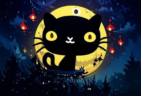 score_9,score_8,score_7,high quality, highres, high resolution, dark lighting, sitting, mio_pucca, black cat, cat, black body, tail, cat, black cat, solo, 1boy, :3, yellow sclera, yellow eyes, european village, at night, moon, looking at viewer, starry sky, unholy, green and purple, occultoculi,, 1gothic1, red