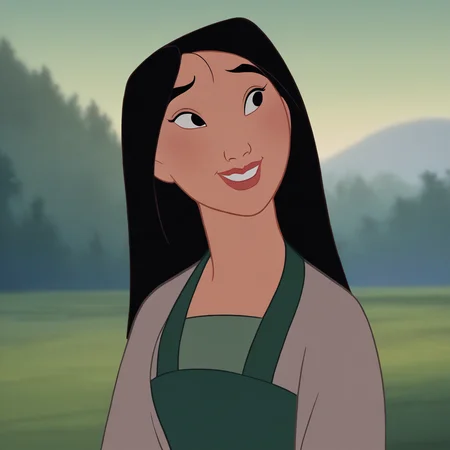 score_7_up, BREAK, MULAN, 1girl, solo, black hair, long hair, black eyes, dress, portrait, outdoors, <lora:FaMulan_PXL_Leaf1:1>, light smile,