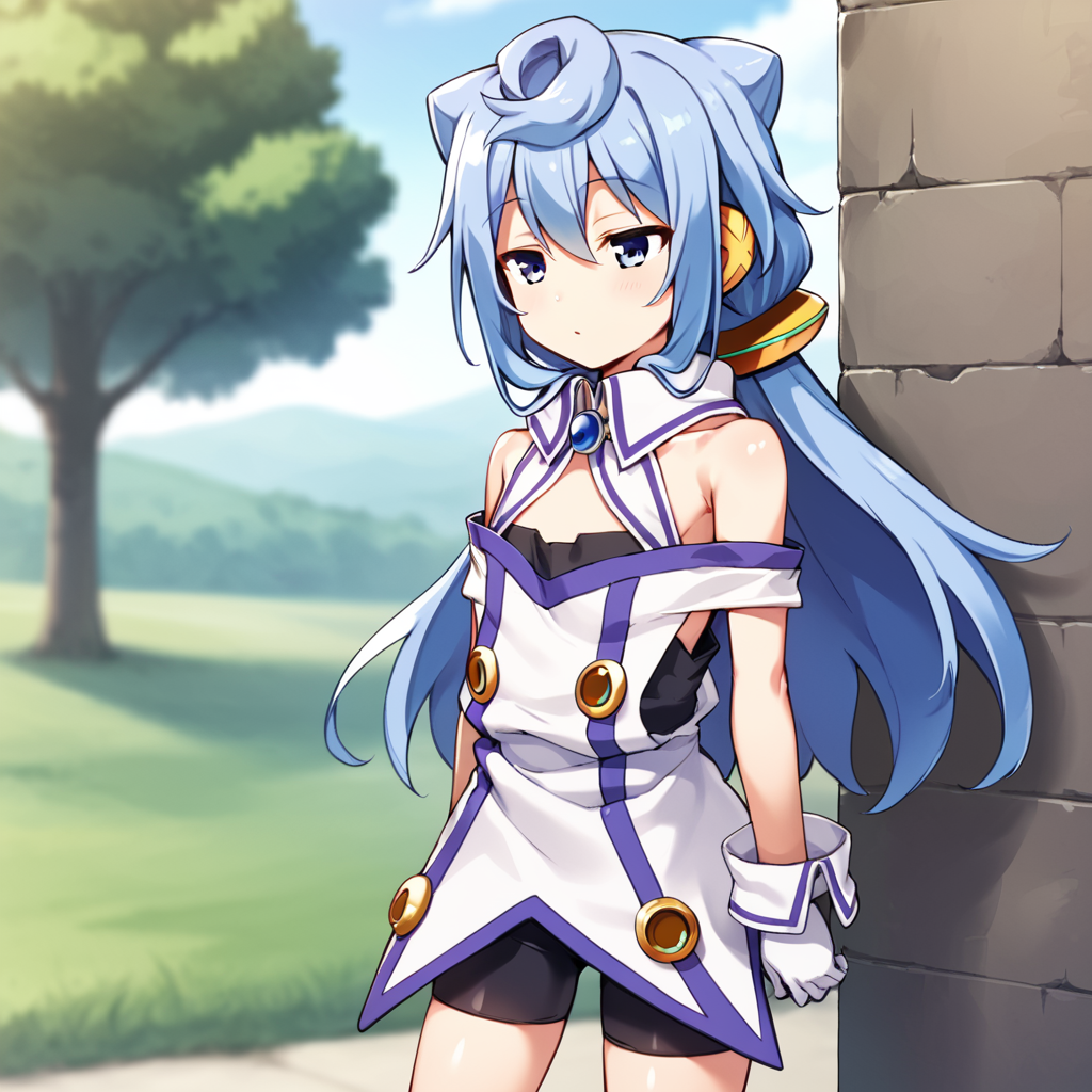score_9, score_8_up, score_7_up, BREAK source_anime, rating_explicit, best quality, masterpiece, uncensored, 1boy, <lora:hacka3_pony:0.8> hacka3, otoko no ko, very long hair, blue hair, blue eyes, bangs, off shoulder, bare shoulders, bike shorts, gloves, flat chest, small, standing, cowboy shot, outside, game-cg