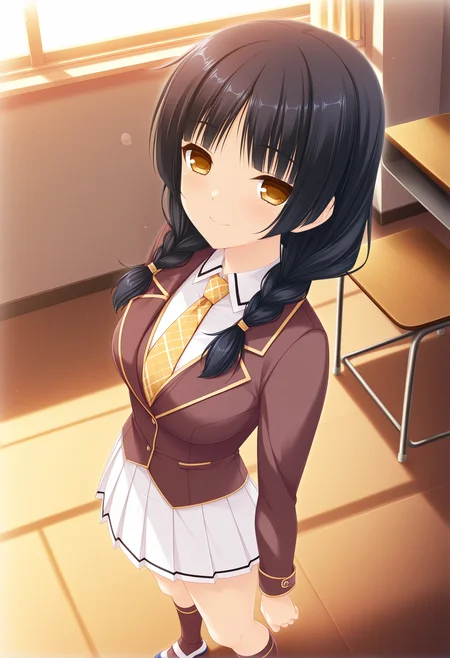 masterpiece, best quality, very aesthetic, absurdres,, anime, 1girl, solo, lewd, smooth,
medium breasts, black hair, gold eyes, mid-back hair, messy twin braids, layered fringe,
school uniform, blazer, brown jacket, brown vest, collared shirt, white shirt, long sleeves, plaid necktie, yellow necktie, pleated skirt, white skirt, kneehighs, brown socks, shoes, uwabaki,
standing, looking at viewer, smile,
classroom, lens flare, cinematic lighting, high high contrast, cowboy shot,
<lora:Sayori_Style_Saimin_Games_Illustrious:1> sayori_style