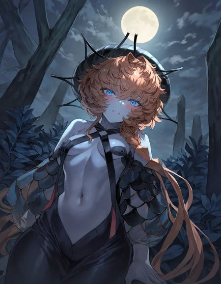 van_gogh_(third_ascension)_(fate), van_gogh_(fate),fate/grand_order, munakata_(sekimizu_kazuki):1.2,mogudan:0.7, hamada_yoshikazu:0.8 ,toriyama_akira_(style):0.8, quasarcake:0.8,rolua, ,negative space,
masterpiece, highres, absurdres, newest,
van_gogh_(second_ascension)_(fate), 1girl ,bare_shoulders ,black_dress ,black_hat ,blue_eyes,blue_skin ,blush ,braid, breasts ,center_opening ,colored_skin, dress ,hat, long_hair,looking_at_viewer ,lying ,navel ,on_side, orange_hair ,puffy_sleeves ,see-through_clothes ,see-through_sleeves ,side_braid, small_breasts ,solo,
, detailed background,view from below,backlighting, detailed cloudy sky, forest, night, deep night, trees, moon rays, moon,
<lora:ponyv4_noob1_2_adamW:0.5>, <lora:add-detail-xl:0.5>