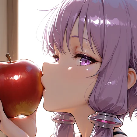 (masterpiece, best quality), amazing quality, very aesthetic, absurd resolution, high resolution, newest, HDR, 8K, anime style, chiaroscuro, impasto, intrinsic light, luster, shiny color, strong coloring, masterful shading,face focus,1girl, solo, Yuzuki Yukari,profile, looking at viewer, holding a apple,