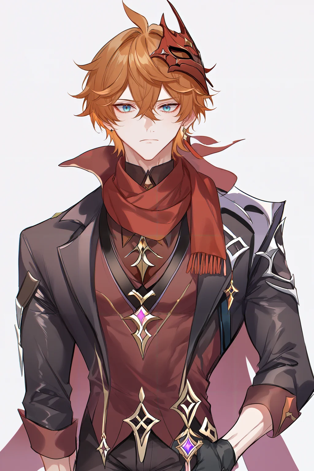 score_9,score_8_up,score_7_up,score_6_up,pottsness style,tartaglia \(genshin impact\), 1boy, solo, male focus, blue eyes, gloves, mask on head, orange hair, mask, black gloves, jewelry, hair between eyes, jacket, earrings, pants, bangs, single earring, scarf, closed mouth, simple background, white background, looking at viewer, short hair<lora:pottsness_style_xl:1>