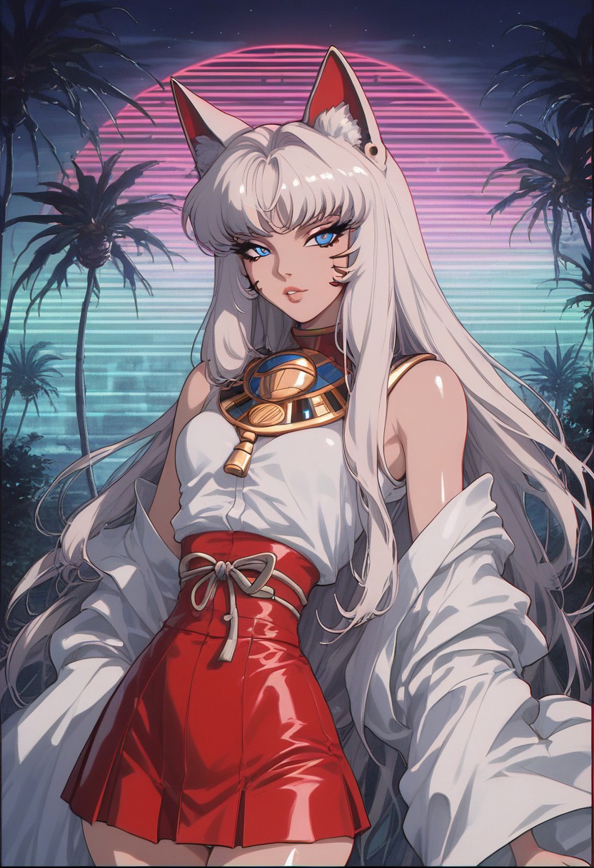 score_9, score_8_up, score_7_up, shiny skin, volumetric lighting, g0thicPXL, glowing, (flat breast), skinny hips, flat butt, skinny body, (short stature), (small body), (cowboy shot), (upper body), Vintage, 1990s \(style\), white fox, white kimono, red skirt, white hair, long hair, cat ears, neon, night, hieroglyphs, ciphers, (retrowave)